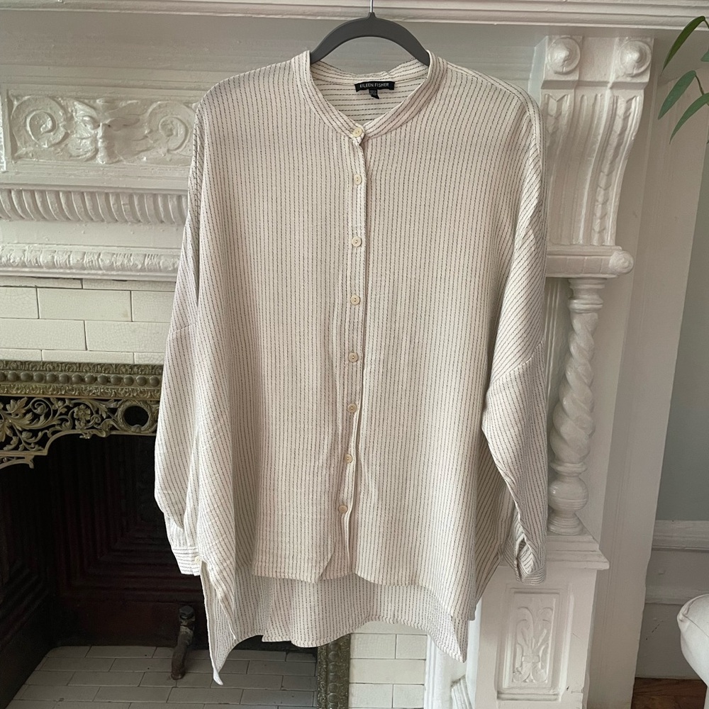 Eileen Fisher Oversize Men's Collarless Cream Striped Shirt
